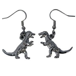 Silver metal T-Rex tiny dinosaur pendant earrings NEW